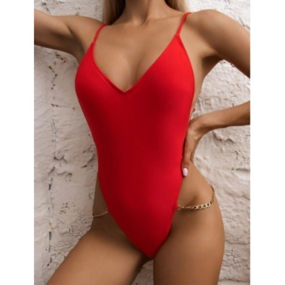 Large Chain Linked Sexy Red One Piece High Cut / High Stretch Wireless Swimsuit